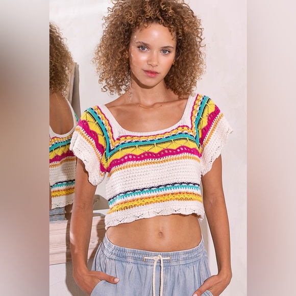 POL- Boho Crochet Knit Crop Top Multicolor Striped Festival Summer Size Large - Picture 1 of 7